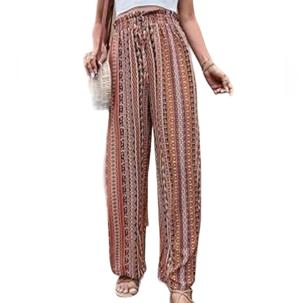 Rachel Zoe Boho Tribal Paisley Pattern Striped Linen Drawstring Lounge Pants SM